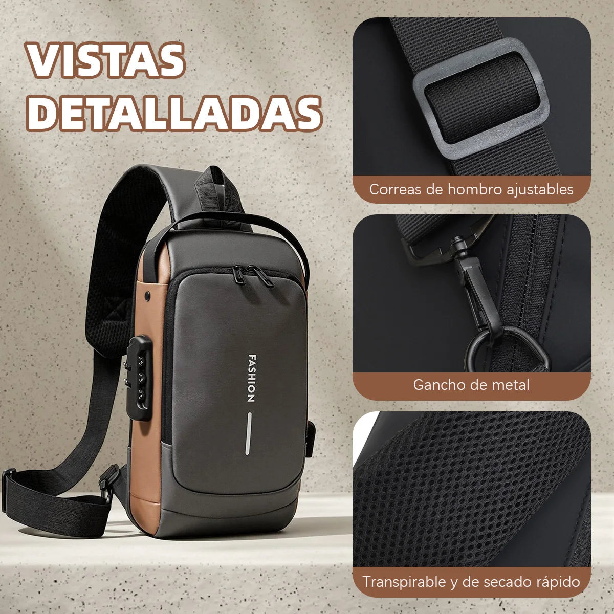 Bolso Bandolera Antirrobo Impermeable con Candado y Puerto USB.